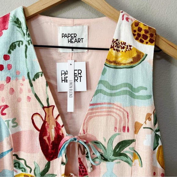 Paper Heart Linen-Blend Fruit Print Tie Front Vest Tank Pink Size Small NEW - Picture 4 of 10